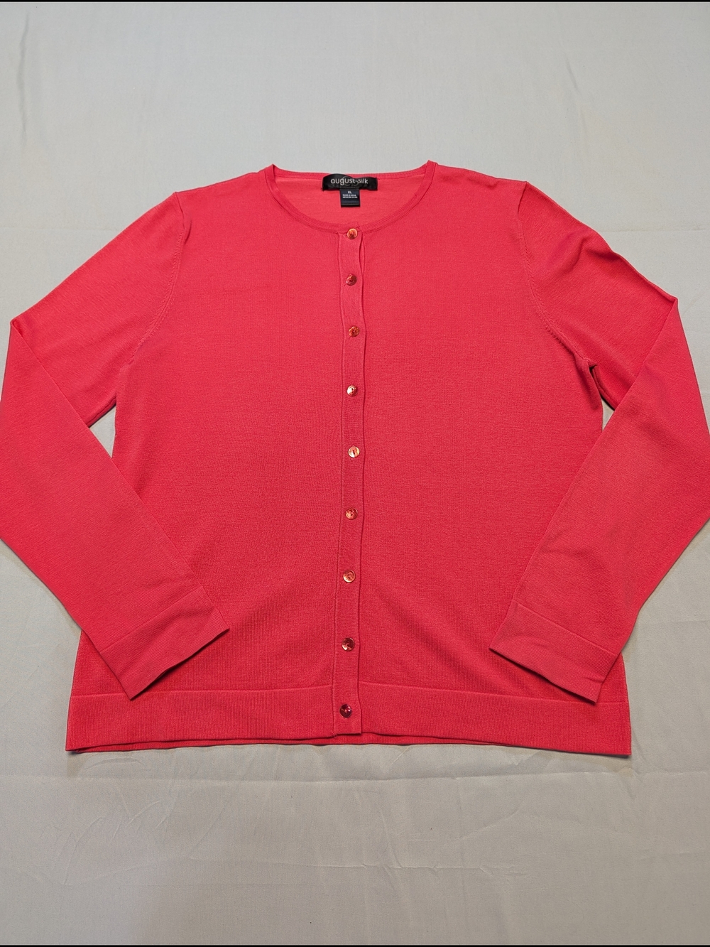 August Silk Women's XL Coral Silk Blend Button-Front Cardigan Sweater Crew Neck